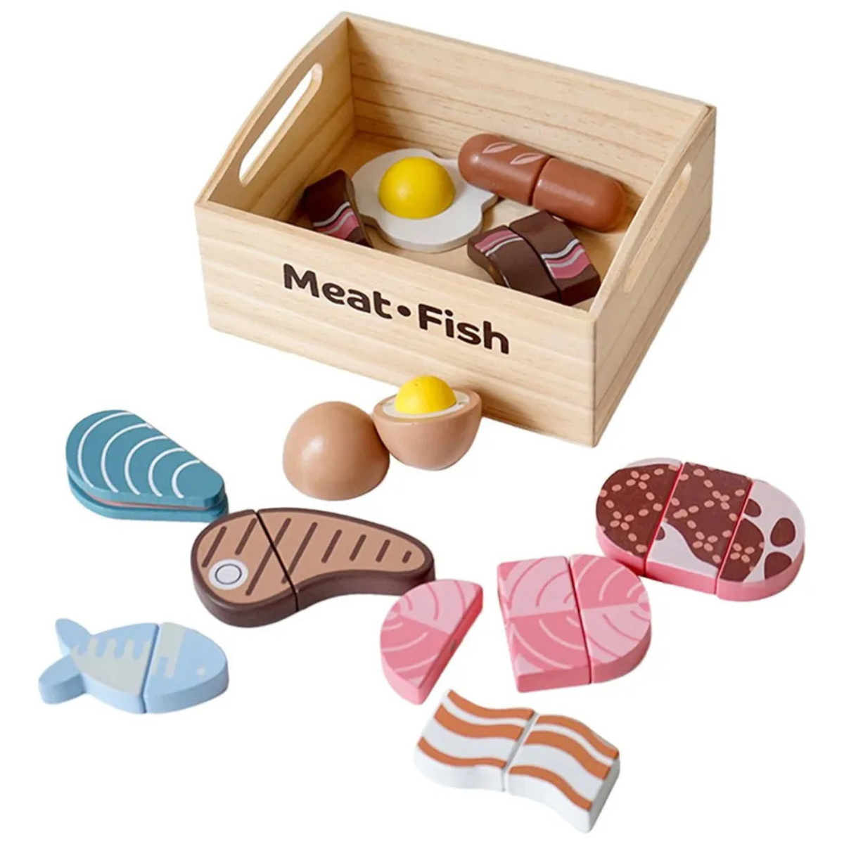 Conjunto Brinquedo De Carnes e Peixes De Faz De Conta - Madeira