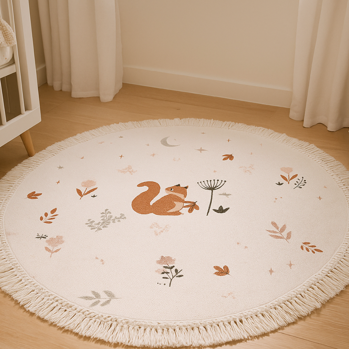 Tapete Infantil Quarto Menina - Redondo Franjas Esquilo