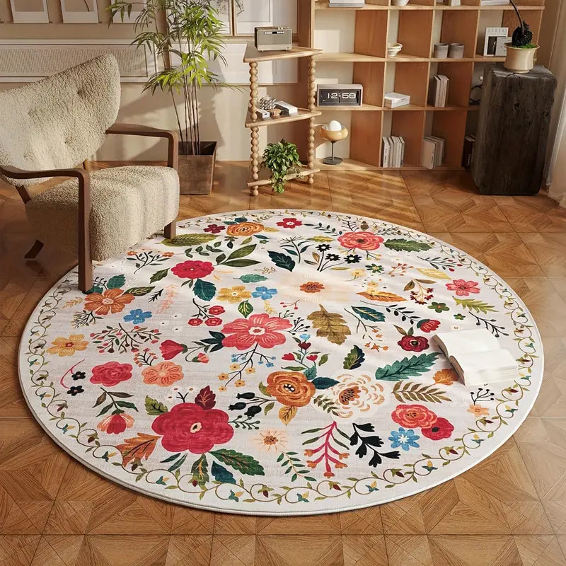 Tapete Infantil Redondo Florido - Rosa e Bege