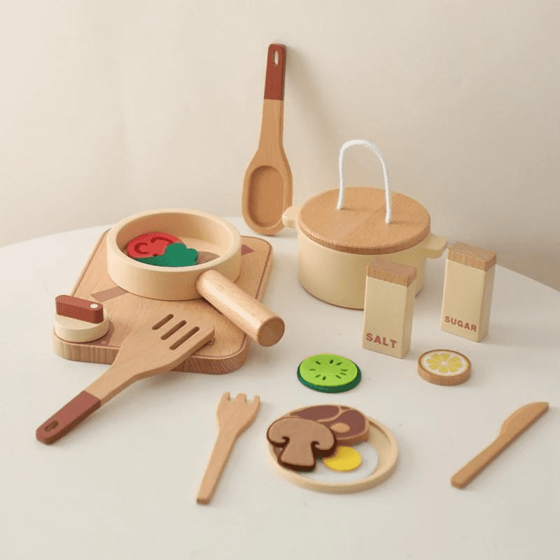 Utensílios de Cozinha Bege - Brinquedo Infantil de Madeira | Bebê Colorido