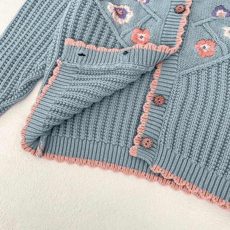 Conjunto para Bebê de Tricot Bordado à Mão - Azul Florido | Bebê Colorido