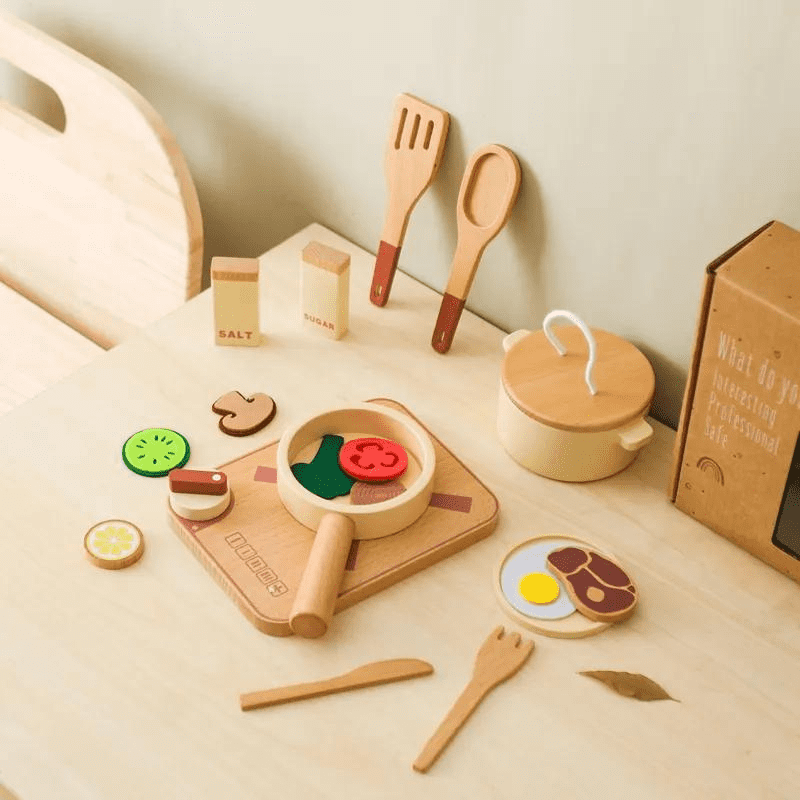 Utensílios de Cozinha Bege - Brinquedo Infantil de Madeira | Bebê Colorido