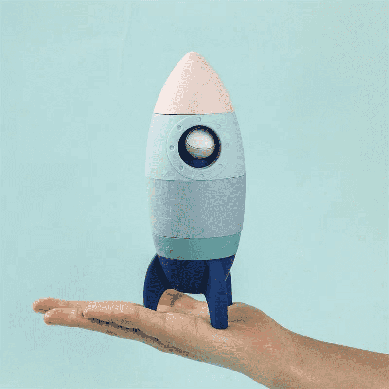 Brinquedo de Foguete Infantil Silicone - com Astronauta Azul | Bebê Colorido