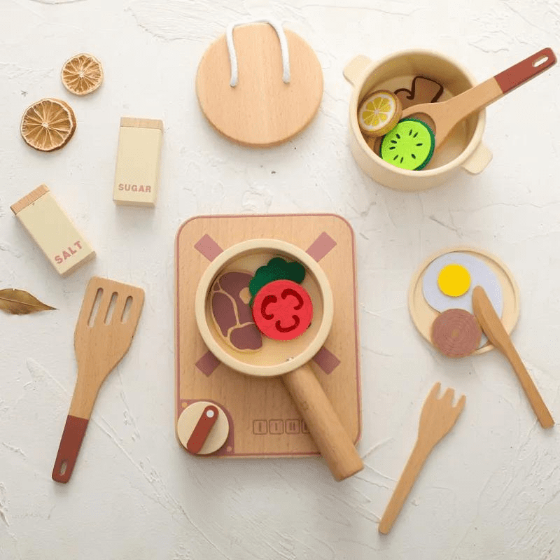 Utensílios de Cozinha Bege - Brinquedo Infantil de Madeira | Bebê Colorido