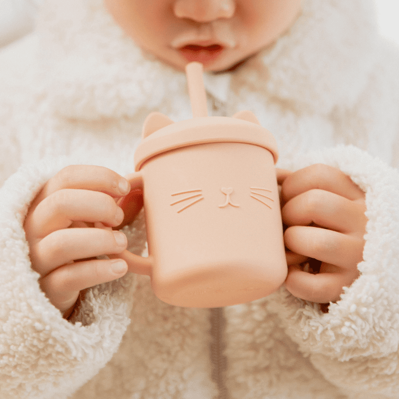 Copo Infantil de Treinamento em Silicone - com Alça e Tampa Gatinho | Bebê Colorido