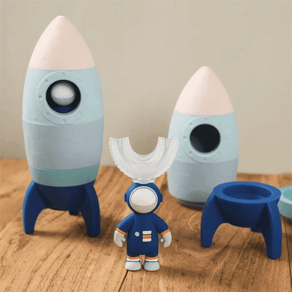 Brinquedo de Foguete Infantil Silicone - com Astronauta Azul | Bebê Colorido