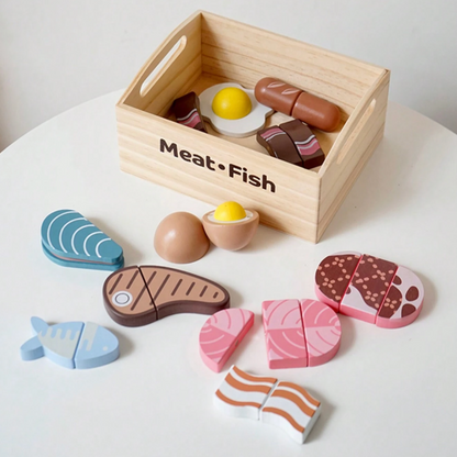 Conjunto Brinquedo De Carnes e Peixes De Faz De Conta - Madeira 