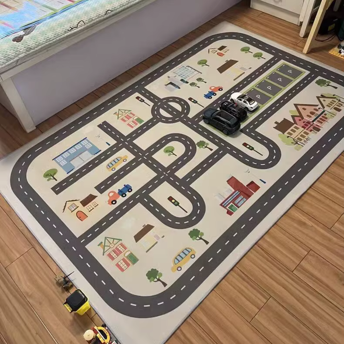 Tapete Quarto Infantil Quadrado - Pista de Corrida Bege