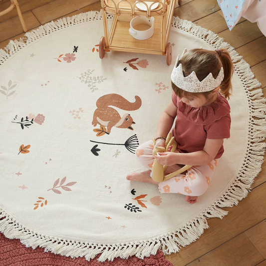Tapete Infantil Quarto Menina - Redondo Franjas Esquilo