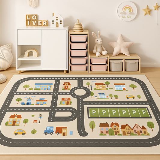 Tapete Quarto Infantil Quadrado - Pista de Corrida Bege