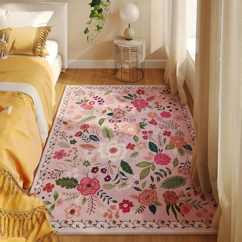 Tapete Infantil Retangular Florido - Rosa e Bege